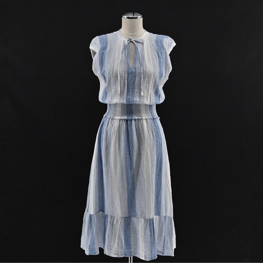 Rails Ashlyn Nevis Stripe Dress Size XXS Linen Blend Tie Neck Sleeveless Midi